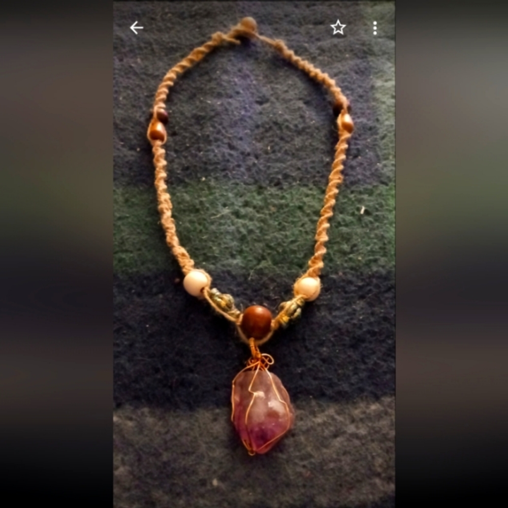 Purple amathist crystal hemp beaded necklace 💜